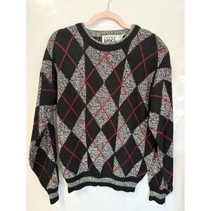 VTG Men's Argyle Knit Pullover Sweater Black Gray Red Medium Acrylic